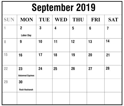 Sept 2019 Calendar Printable